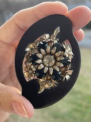 Vintage Bakelite Brooch Irregular Shape Rhinestones Gold Tone Czech Large