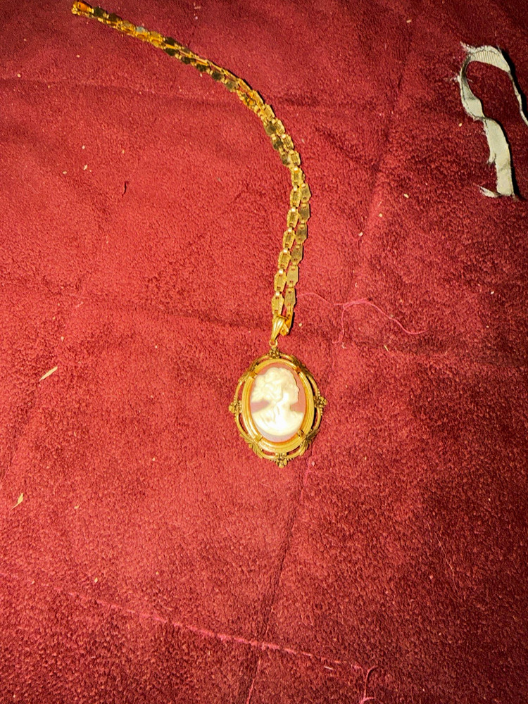 Vintage Cameo Pendant Necklace Gold Tone Oval White Portrait Beauty Theme