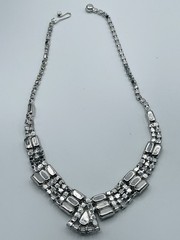 Vintage Unsigned Rhodium Plated Art Deco Inspired Clear Crystal Full Parure Set