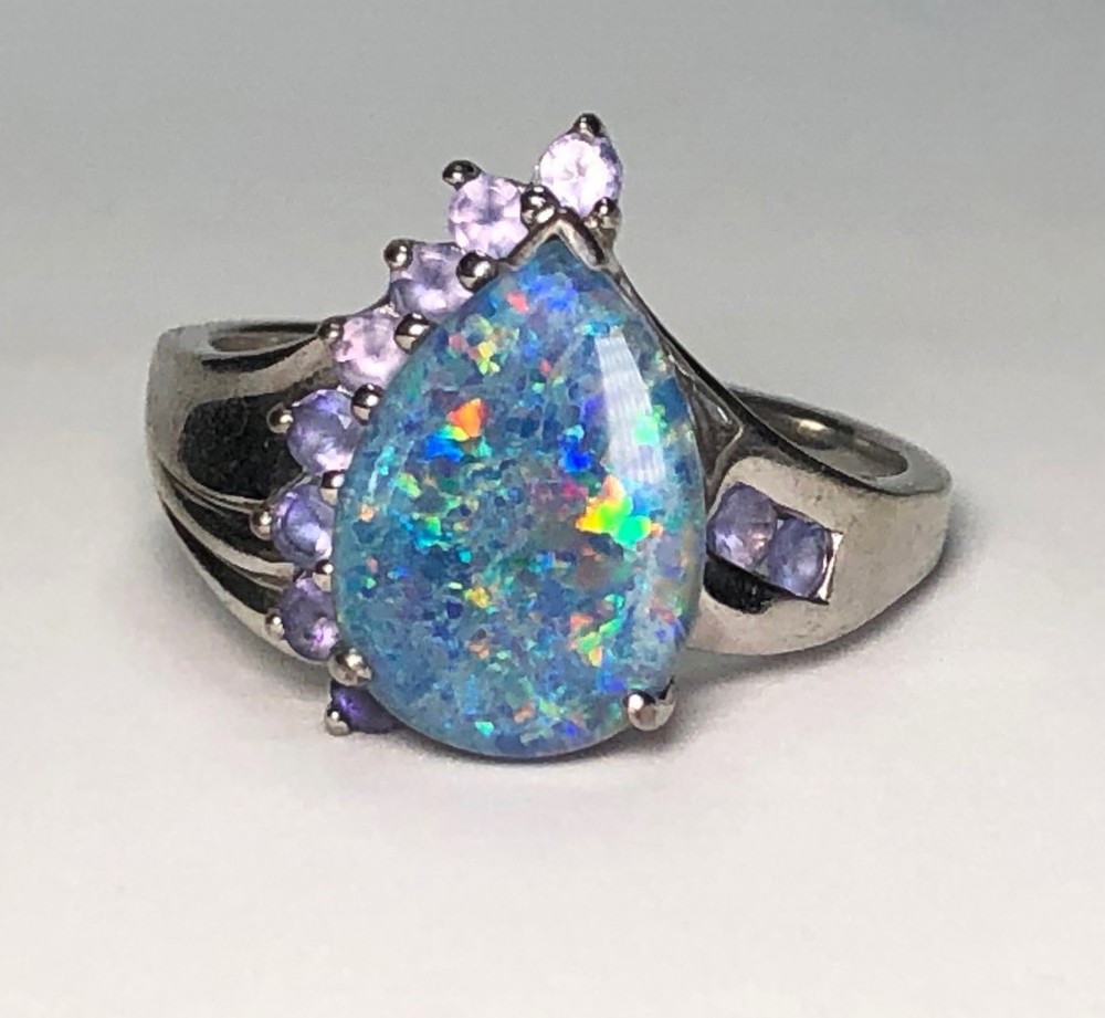 Vintage Estate BLACK-BLUE AUSTRALIAN FIRE OPAL & Tanzanites Sterling Silver Ring
