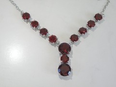 Sterling Silver 925 Natural Garnet Drop V Tennis Necklace