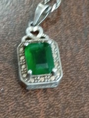 Vintage 925 Sterling Silver Emerald Green Marcasite Pendant Italy Rope Necklace