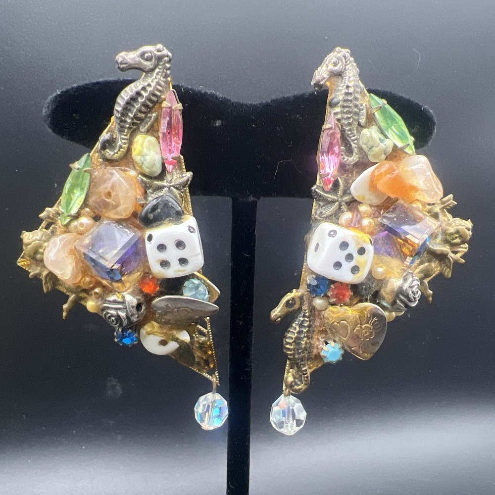 Vintage Handmade Assemblage Clip On Earrings Seahorse Dice Rhinestone Charms