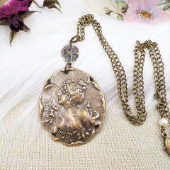 Brass Cameo Maiden Necklace, Art Nouveau Romantic Handmade Victorian Jewelry