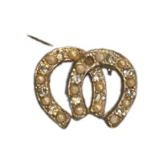 Vintage MCM Silver Tone Double Horseshoe Brooch Faux Pearl Rhinestone Lucky Pin
