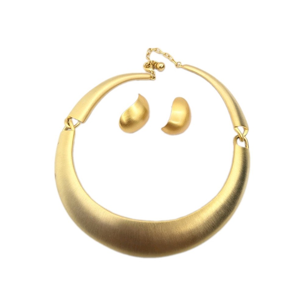 Anne Klein Collar Necklace & Earrings Satin Brushed Gold Tone Chunky Runway Read