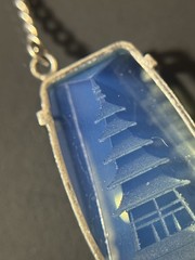 Vintage Japan Silver Pagoda Reverse Carved Opaline Glass Necklace