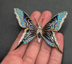 Large Vintage Unsigned Jomaz Gold Tone Enamel Rhinestone Butterfly Brooch ⚠️Read