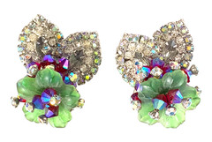 Hobe Molded Glass Flower Earrings Vintage AB Rhinestone Signed Clip-Ons