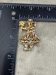 Vintage Rhinestone Brooch Figural Gold tone Woman with Flowers READ