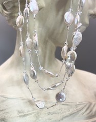 Vintage 3 Strand Freshwater Coin Pearl Necklace Clear Spacer Magnetic Clasp