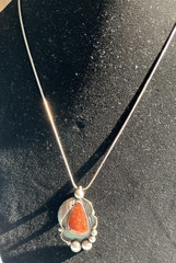 VTG Sterling Navajo Shadowbox One Feather Jasper Pendant Necklace Signed Larry W