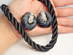 Vintage Twisted Black Cord Push Snap Lock Choker and Clip on Earring Set