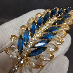 Juliana D&E DeLizza Elster Feather Leaf Brooch Blue Navette Clear Rhinestones 4′