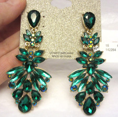 VTG NATASHA Gold Tone & Green Rhinestone Large Unused Earrings on Tag