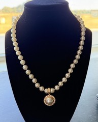 Vintage Roman Faux Pearl Necklace Rhinestone Enhancer Pendant Gold Tone 17.5 In