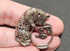 Jezlaine Cat Pin Signed Kitty Fish Bowl Sterling Silver .925