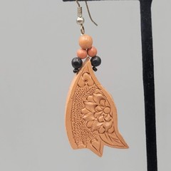Vintage Hand Tooled Leather Pierced Earrings Wood Bead Artisan 2″