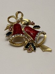 Vintage Red Enamel Christmas Holiday Jingle Bells Brooch Holiday Jewelry Pin