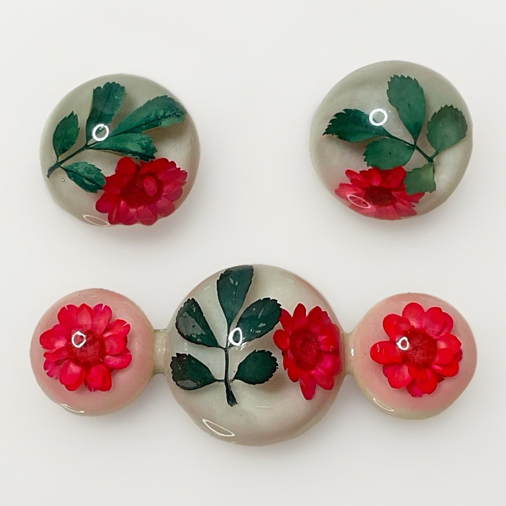 Vintage Pressed Flower Lucite Brooch & Earring Jewelry Set 1940s – 1950s Resin