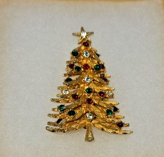 VINTAGE MODE ART RHINESTONE GOLD-TONE CHRISTMAS TREE PIN BROOCH ARTHUR PEPPER