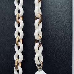 Vintage White Milk Glass & Acrylic Charm Necklace 30″ Drop Mid-Century Statement