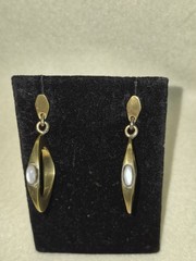 Vintage Brass Drop Earrings with Mother Of Pearl Oval Cabochon Stone