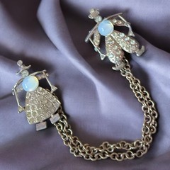 Opaline Glass Chatelaine Brooch Pot Metal Dutch Boy Girl Vintage 1940s