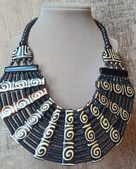 Vintage Tribal Black Cream Beaded Very Wide Bib Statement Necklace