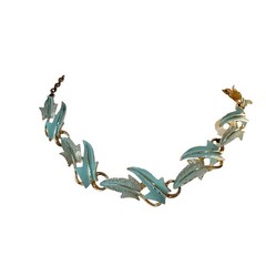 1960’s Signed Mode Art Light Blue Enamel Leaves Bracelet Necklace Clip Earrings