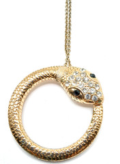 Vtg Snake Eating Its Tail Circle Pendant Gold Tone Rhinestones on 29 In Chain