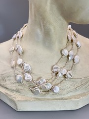 Vintage 3 Strand Freshwater Coin Pearl Necklace Clear Spacer Magnetic Clasp