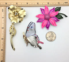 Vintage Enamel / Gold Tone Flower Pin / Brooch Lot – Mixed Materials – 1 Signed