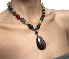 Vtg Oversized Chunky Beaded Teardrop Pendant Collar Necklace Purple Summer