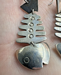 Vtg Taxco Sterling Silver Articulated Skeleton Bone Fish Dangle Earrings 15.9g