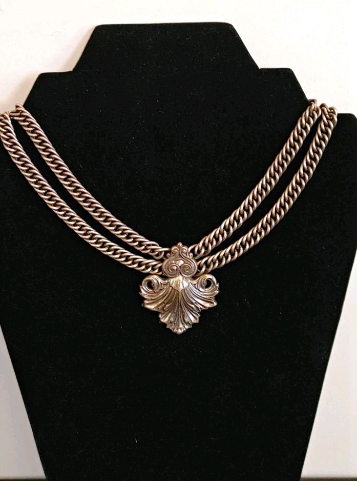 Vintage Signed Joseff of Hollywood Statement Necklace Double Chain Silver Tone