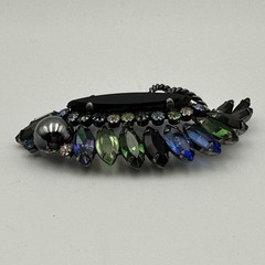 Vintage Rhinestone Brooch Blue Green Black Navette Cabochon Layered Statement