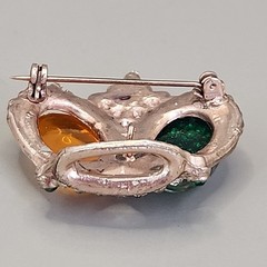Vintage Rhinestone Crown Brooch Green Confetti Orange Oval Cabochon 37mm