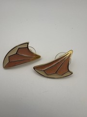 Vintage Trifari Enamel Pierced Post Earrings Gold Tone Art Deco Fan Peach Cream