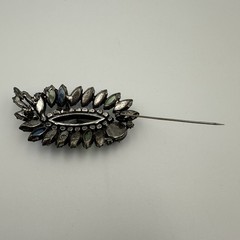 Vintage Rhinestone Brooch Blue Green Black Navette Cabochon Layered Statement