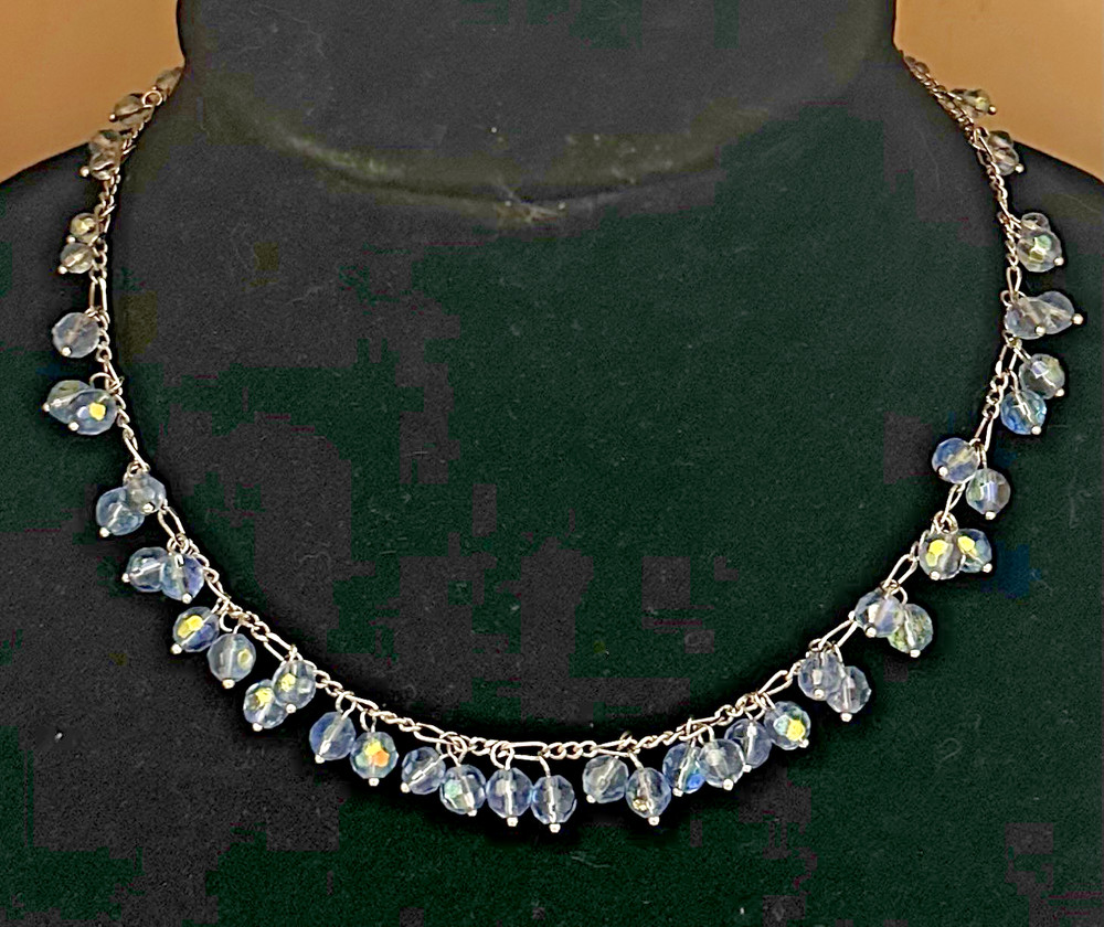 Vintage Lia Sophia Baby Blue Aurora Borealis Crystal Charm Necklace Boho Chic
