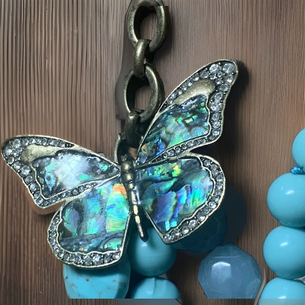 FOSSIL 3 Strand 24” Necklace Rhinestone Turquoise Blue Beads MOP BUTTERFLY & BEE