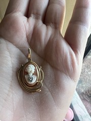 Oval Cameo Portrait Pendant Charm, 14K Solid Gold, Oval Stone Color + Diamond
