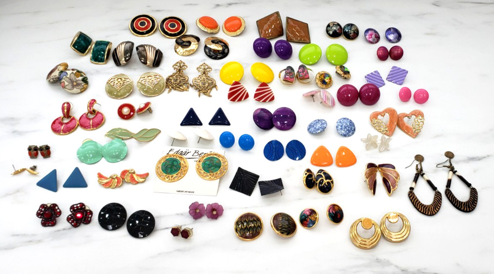 Vintage 80’s 90’s Lot 51 Costume Jewelry Earrings Chunky Bright Gold Tone Etc..