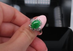 Vintage 1.10ct Natural Jadeite Jade & 0.49ct Diamond Platinum Ring, Size 7.25