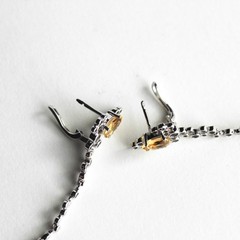 Sterling Silver 925 Citrine Black Onyx CZ Long Dangle Pierced Earrings