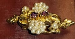 Gold Tone Vintage Pin with Tiny Faux Pearl Clusters and 2 Amethyst Crystals