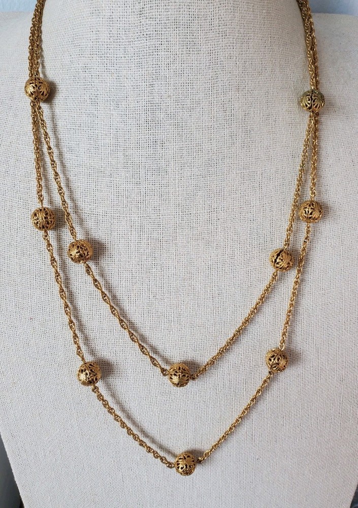 Vintage Gold Tone Filigree Ball Bead Station Necklace Set