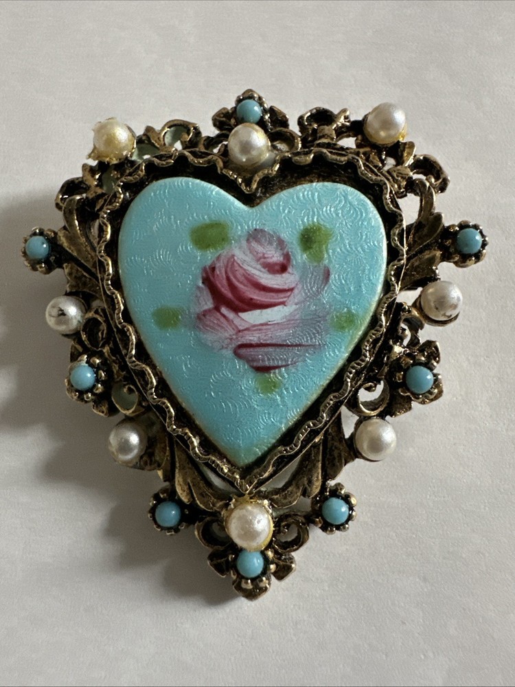 Vintage ART Arthur Pepper Enamel Heart Rhinestone & Pearl Brooch Gold Tone