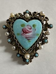 Vintage ART Arthur Pepper Enamel Heart Rhinestone & Pearl Brooch Gold Tone